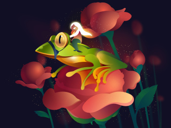 青蛙骑士少女在玫瑰花丛中