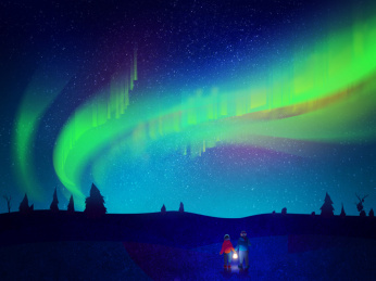 情侣两人在冰岛荒原上提着小灯共赏极光