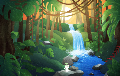 晴天的热带雨林，小瀑布川流而过，石头上坐着小妖精