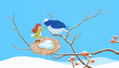  冬天积雪的树枝上有个女孩在给鸟儿吃果子 二十四节气小寒插画