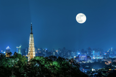 中国浙江省杭州西湖月光下保俶塔夜景
