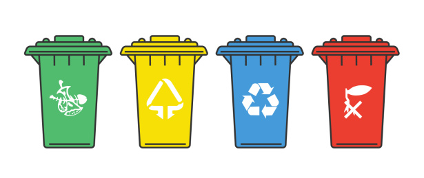 垃圾分类四个垃圾桶及图标矢量插画