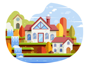 扁平风红色屋顶小木屋梯田流水风景插画