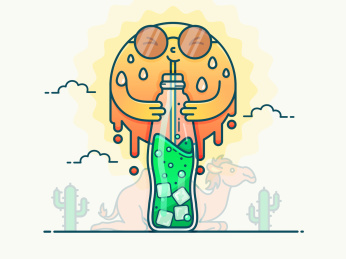 太阳在炎热的夏天喝汽水