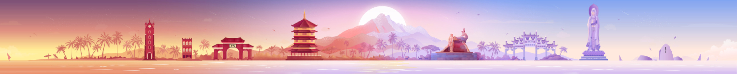 一幅集结海南特色旅游地标的千里海南图