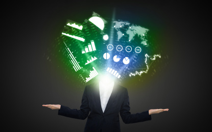 商务人士进行数据流数据图表报表分析的智能科技应用未来全息投影概念