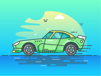 绿色跑车在晴朗的天气里飞驰