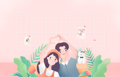 粉色房间里幸福青年男女比心