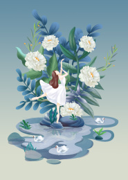 白芍花开，女孩穿着白色裙子翩翩起舞