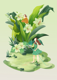 百合花开女孩在为它浇灌闻着花香嬉戏