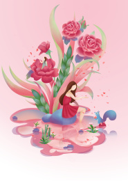 女孩子坐在浪漫的玫瑰花下的石头上与松鼠聊天