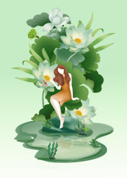 女孩坐在荷叶荷花中与蜻蜓嬉戏