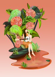 山茶花下闻花香女孩子弹吉他