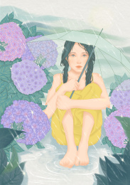 二十四节气女孩雨水风景插画