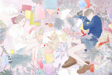 侧卧在书堆中的恋人