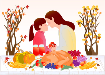 感恩节餐桌前的母女矢量插画