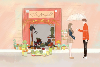 花店门口下雨打伞的恋人