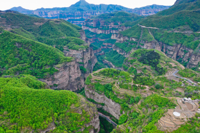 中国河南省安阳市南太行大峡谷航拍视角桃花谷