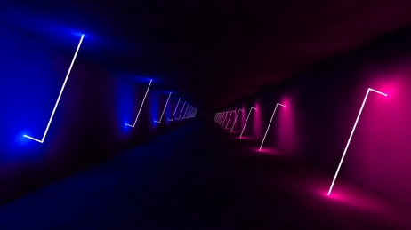 3d激光夜总会舞台，抽象荧光霓虹背景未来走廊概念背景