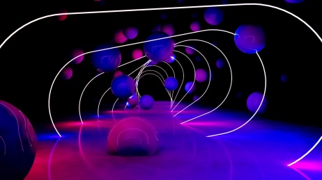 3d激光夜总会舞台，抽象荧光霓虹背景未来走廊概念背景