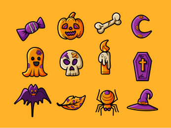 万圣节糖果南瓜骨头月亮幽灵骷髅头蜡烛墓碑蝙蝠叶子蜘蛛帽子矢量插画图标