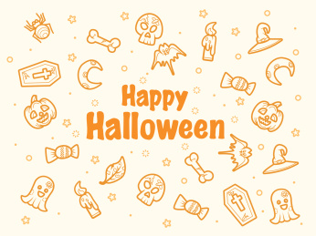 万圣节元素骷髅蜡烛帽子蝙蝠月亮墓碑蜘蛛糖果叶子幽灵矢量背景插画