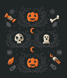 万圣节黑底南瓜骷髅幽灵糖果骨头叶子蜡烛背景矢量插画