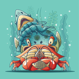 海洋里的龙虾梭子蟹河豚基围虾鲨鱼组成寄居蟹图形矢量手绘插画