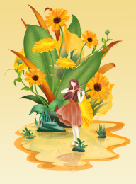 金盏花开女孩站在花下拉小提琴