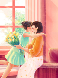 女儿给妈妈送花拥抱妈妈——母亲节