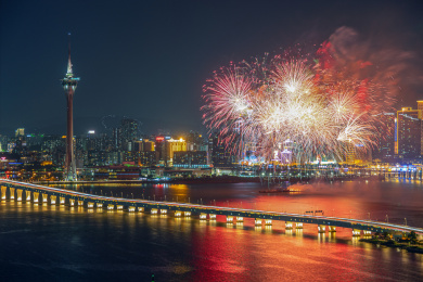 中国澳门城市繁华夜景和节日烟花汇演