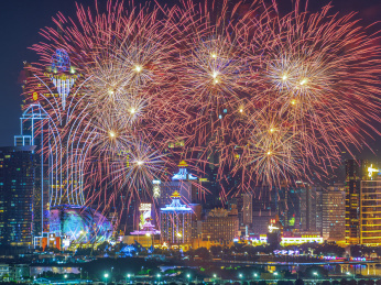 中国澳门城市繁华夜景和节日烟花汇演