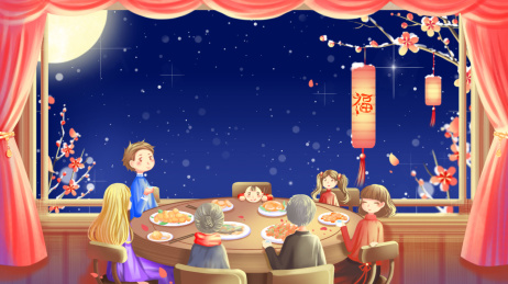 新年，一家人男女老少快乐的围坐在圆桌边吃饭，唯美卡通合家团圆吃年夜饭插画