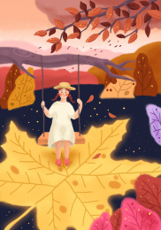 一个女孩在秋天荡秋千玩耍