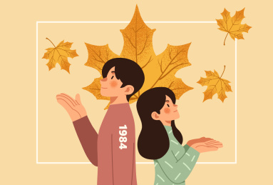 一男一女伸手去接飘落的枫叶