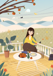 正在剥柿子的女孩子