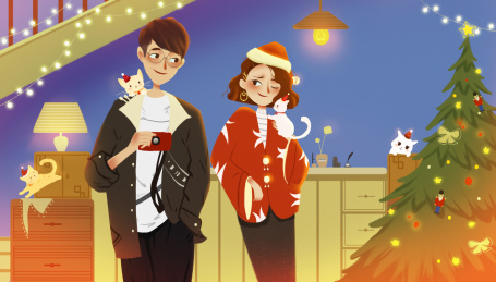 圣诞节欢乐拍照的恋人 戴圣诞帽的女孩和拿着相机的男孩插画