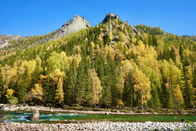 中国新疆阿勒泰地区可可托海大峡谷双驼峰金秋远景