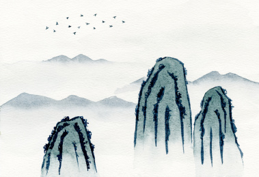 远山山峰手绘中国风水彩插画