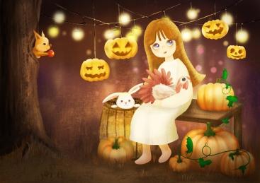 丛林中抱着火鸡的女孩在南瓜灯下面