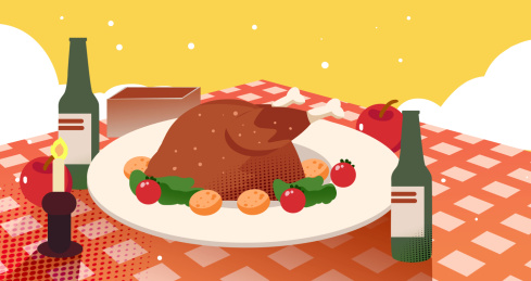 卡通手绘感恩节吃火鸡烛光晚餐创意卡通插画
