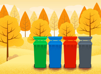 金色秋天风景背景垃圾分类垃圾桶扁平颗粒插画