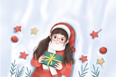 一个红色衣服戴眼镜女孩手中拿着圣诞节礼物躺在洒满挂饰的白色雪地上