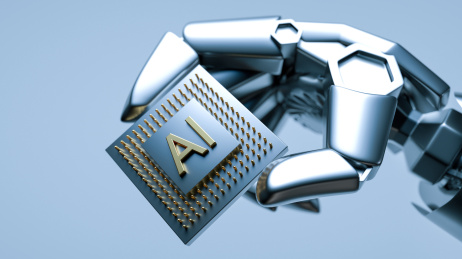 人工智能ai机器人手拿ai芯片展示三维海报