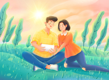 情侣坐在草地上看着手里的照片