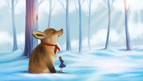 女孩和戴着红围巾的狐狸在下雪的森林里玩耍治愈系插画 数码绘画
