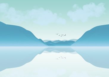 中国风山水意境小清新风格蓝绿色调风景插画