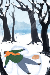 冬天树林里男青年躺在在雪地上的节气插画