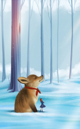 狐狸和女孩在冬季的雪地里 结冰的冬季场景插画竖版