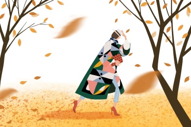 秋风中公园里按住帽子走路的时装女性